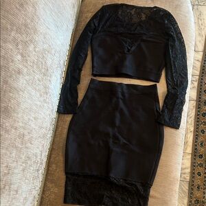 HERVE LEGER Black Lace Two-Piece Skirt Set Sz M NEW